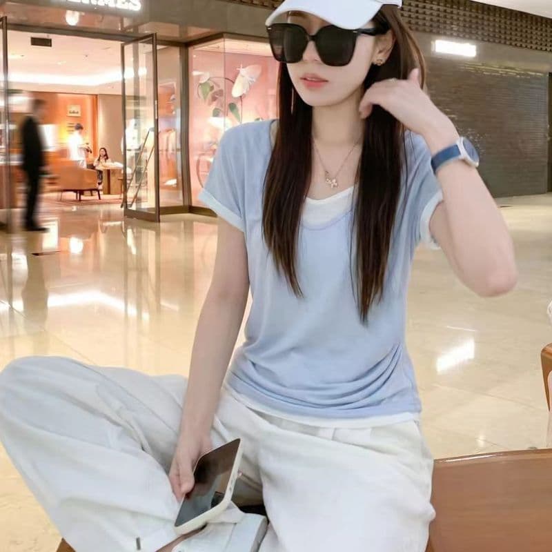 160 그램 눈꽃 순면 하늘색 라운드 넥 디자인 센스 페이크 레이어드 반팔 티셔츠 여성 여름 새로운