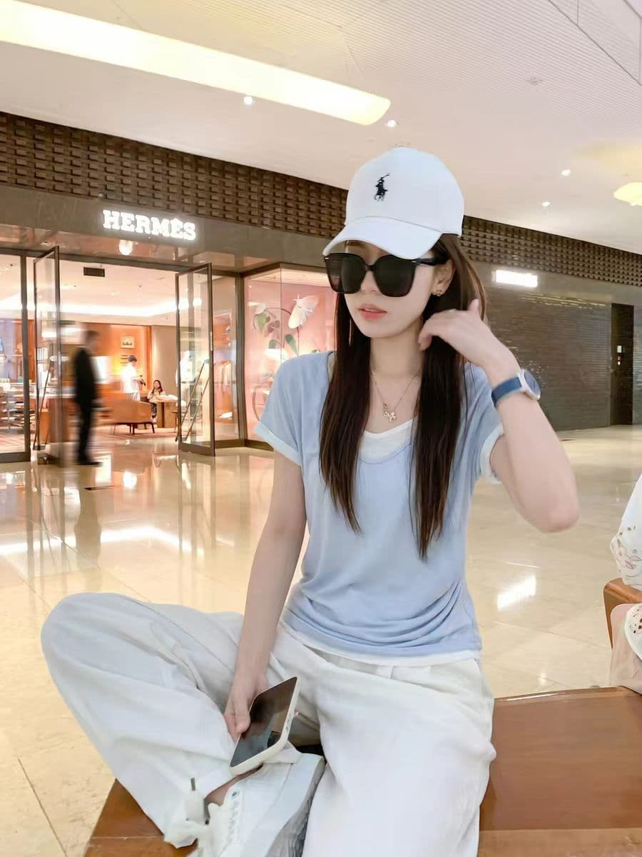 160 그램 눈꽃 순면 하늘색 라운드 넥 디자인 센스 페이크 레이어드 반팔 티셔츠 여성 여름 새로운 상세 이미지 2