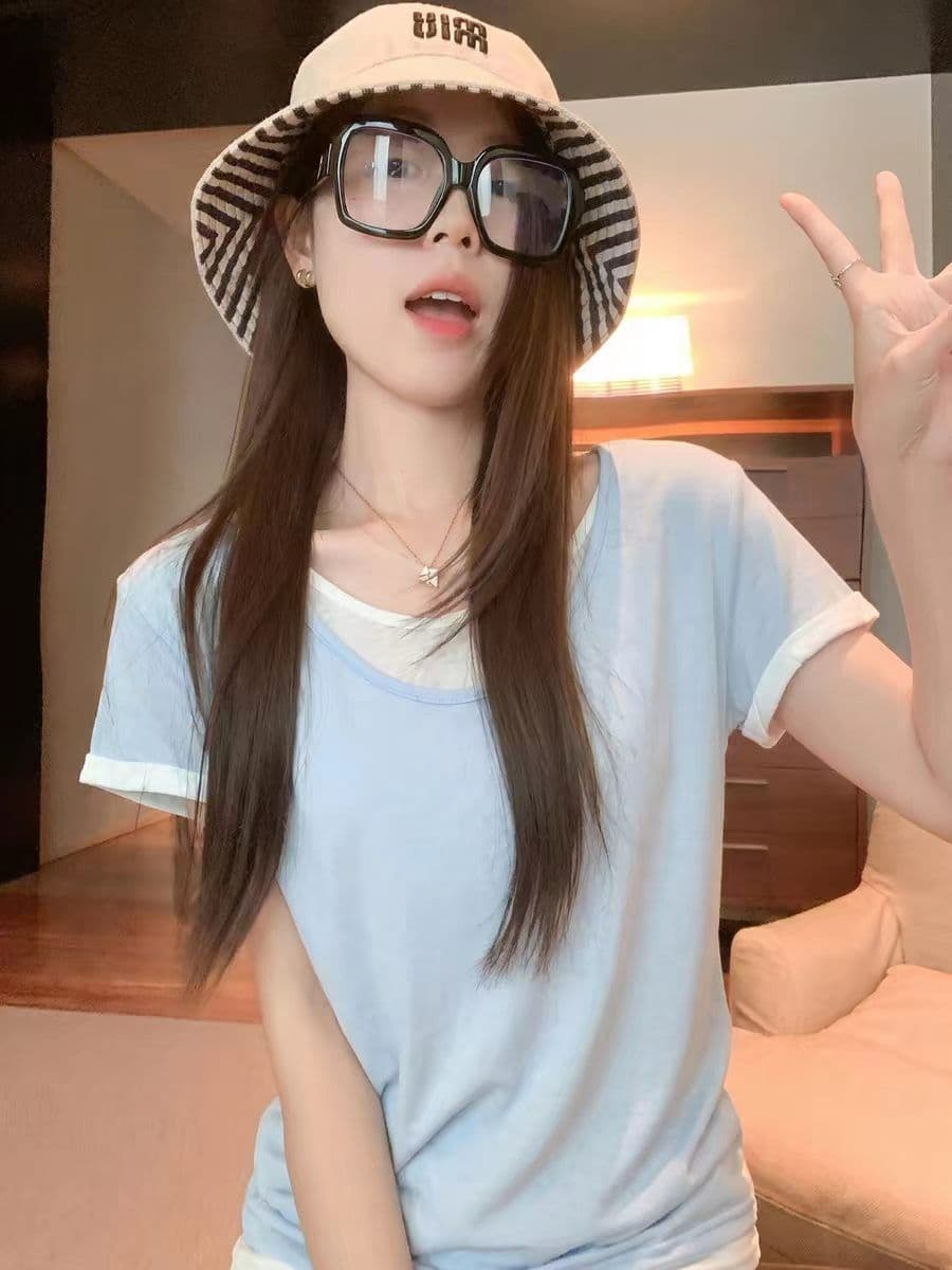 160 그램 눈꽃 순면 하늘색 라운드 넥 디자인 센스 페이크 레이어드 반팔 티셔츠 여성 여름 새로운 상세 이미지 5