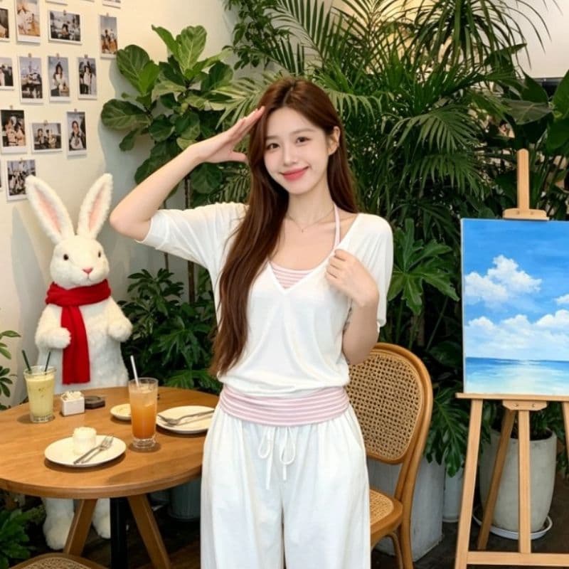 40 사람들 면 리브 스트라이프 핏 스타일 좋은 블라우스 여름 스트라이프 배색 행침 목 맨위 투피스 세트