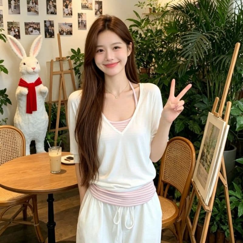40 사람들 면 리브 스트라이프 핏 스타일 좋은 블라우스 여름 스트라이프 배색 행침 목 맨위 투피스 세트 이미지 3