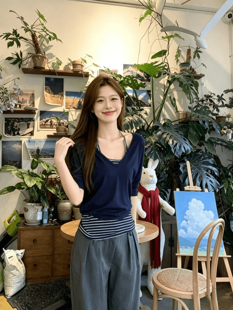 40 사람들 면 리브 스트라이프 핏 스타일 좋은 블라우스 여름 스트라이프 배색 행침 목 맨위 투피스 세트 상세 이미지 5