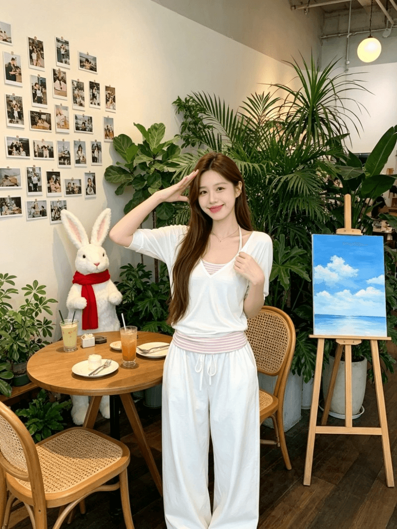 40 사람들 면 리브 스트라이프 핏 스타일 좋은 블라우스 여름 스트라이프 배색 행침 목 맨위 투피스 세트 상세 이미지 6