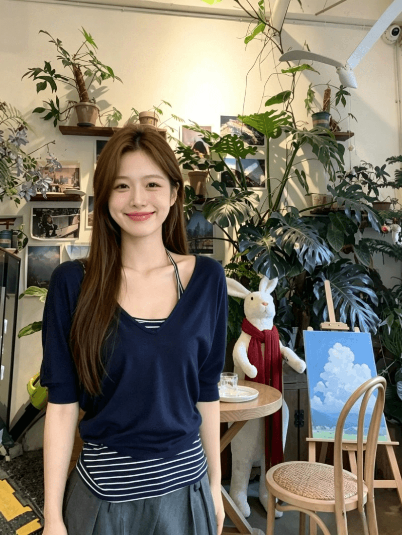 40 사람들 면 리브 스트라이프 핏 스타일 좋은 블라우스 여름 스트라이프 배색 행침 목 맨위 투피스 세트 상세 이미지 8