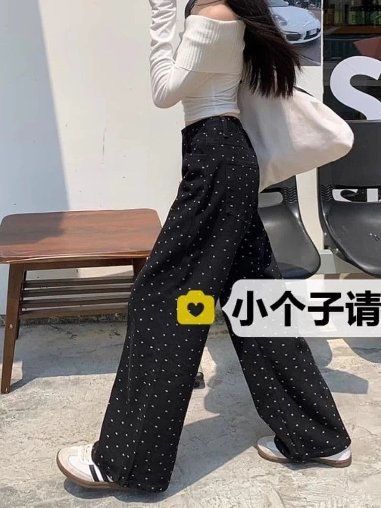 도트 무늬 화이트 하이웨이스트 넓은 다리 청바지 여성 년 루즈핏 스트레이트 아메리칸 워크웨어 화이트 도루 센스 바닥 청소 바지 상세 이미지 11