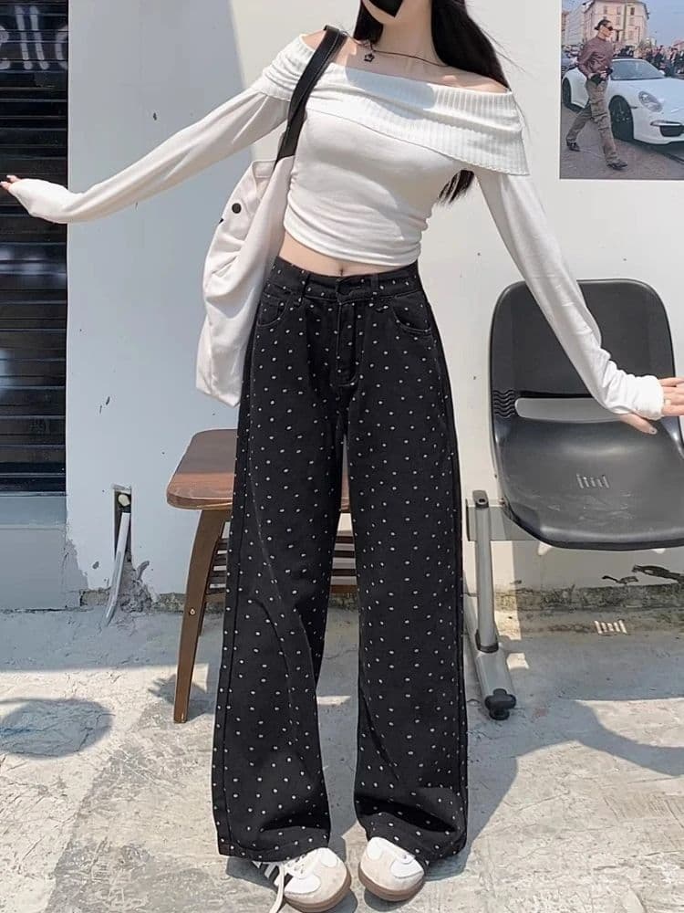 도트 무늬 화이트 하이웨이스트 넓은 다리 청바지 여성 년 루즈핏 스트레이트 아메리칸 워크웨어 화이트 도루 센스 바닥 청소 바지 상세 이미지 13