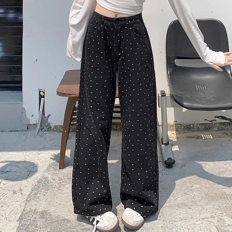 도트 무늬 화이트 하이웨이스트 넓은 다리 청바지 여성 년 루즈핏 스트레이트 아메리칸 워크웨어 화이트 도루 센스 바닥 청소 바지 상세 이미지 15