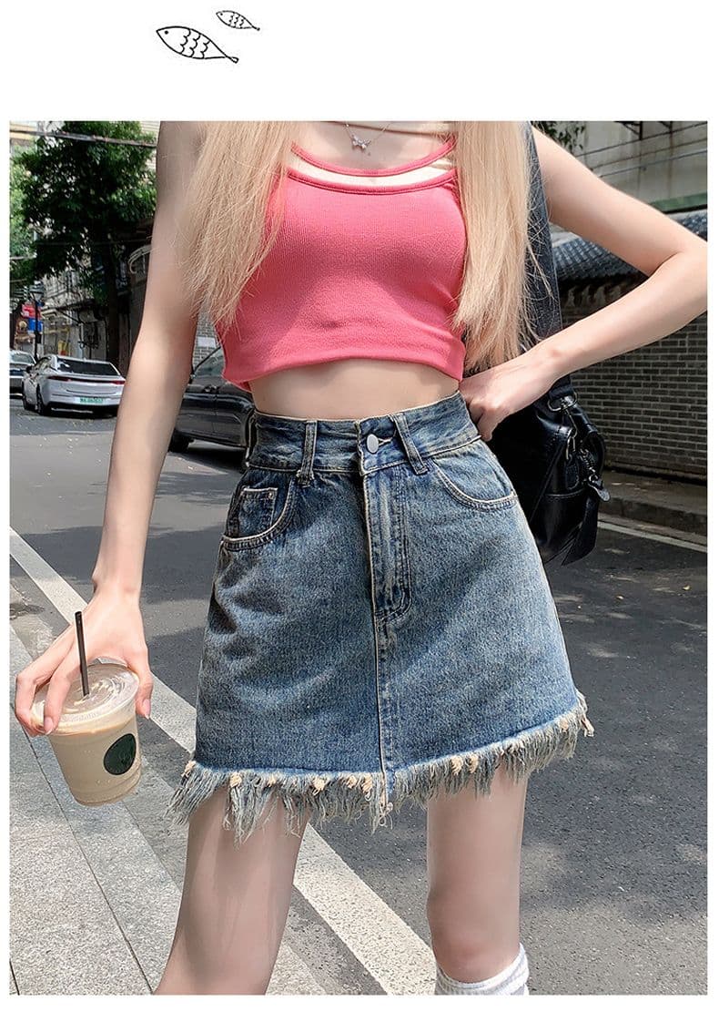 ins 바람 새로운 데님 스커트 여성 반신 패션 레트로 데님 한 마디 타이트 스커트 술 디자인 거친 가장자리 짧은 치마 상세 이미지 7