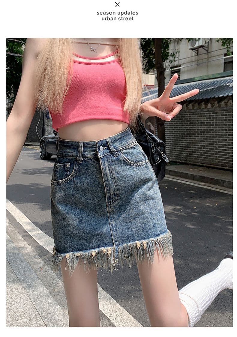 ins 바람 새로운 데님 스커트 여성 반신 패션 레트로 데님 한 마디 타이트 스커트 술 디자인 거친 가장자리 짧은 치마 상세 이미지 8