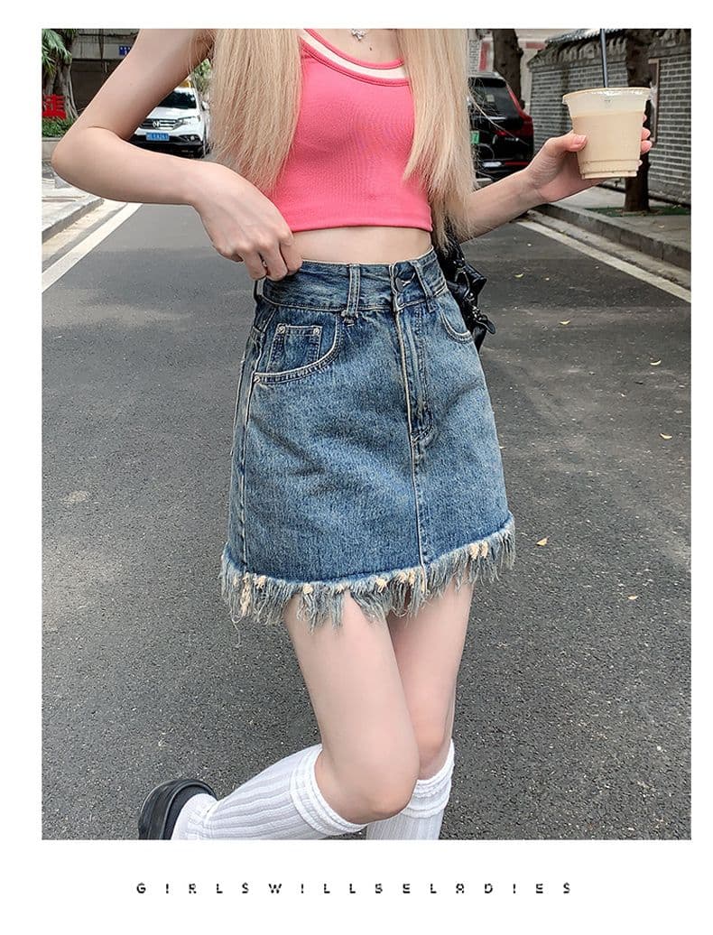 ins 바람 새로운 데님 스커트 여성 반신 패션 레트로 데님 한 마디 타이트 스커트 술 디자인 거친 가장자리 짧은 치마 상세 이미지 10