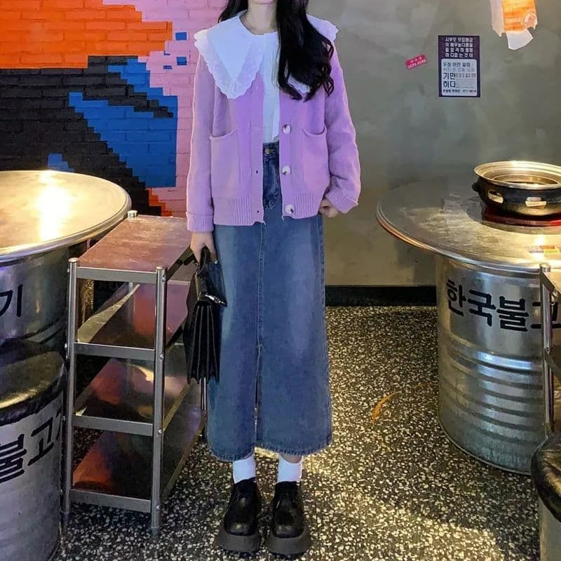 봄 가을 트임 청바지 여성 디자인 센스 작은 대중 항구 바람 레트로 다용도 중간 길이 표지 고기 한 마디 반신 치마 상세 이미지 1