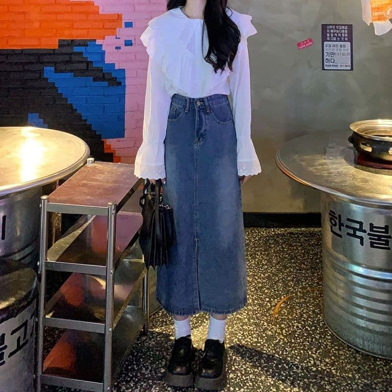 봄 가을 트임 청바지 여성 디자인 센스 작은 대중 항구 바람 레트로 다용도 중간 길이 표지 고기 한 마디 반신 치마 상세 이미지 6