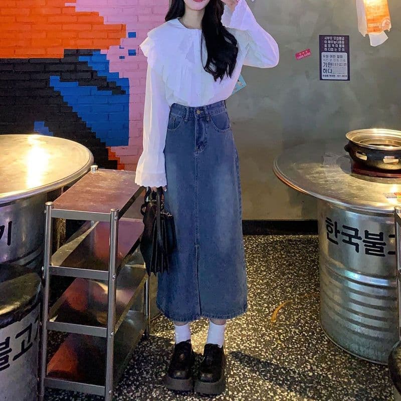 봄 가을 트임 청바지 여성 디자인 센스 작은 대중 항구 바람 레트로 다용도 중간 길이 표지 고기 한 마디 반신 치마 상세 이미지 8
