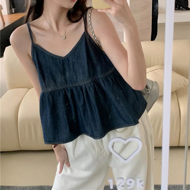핫걸 데님 슬립 패션 품격 주름 디자인 프릴 루즈핏 V넥 인사이드 가져 가라. 민소매 조끼 맨위 여성 이미지 2