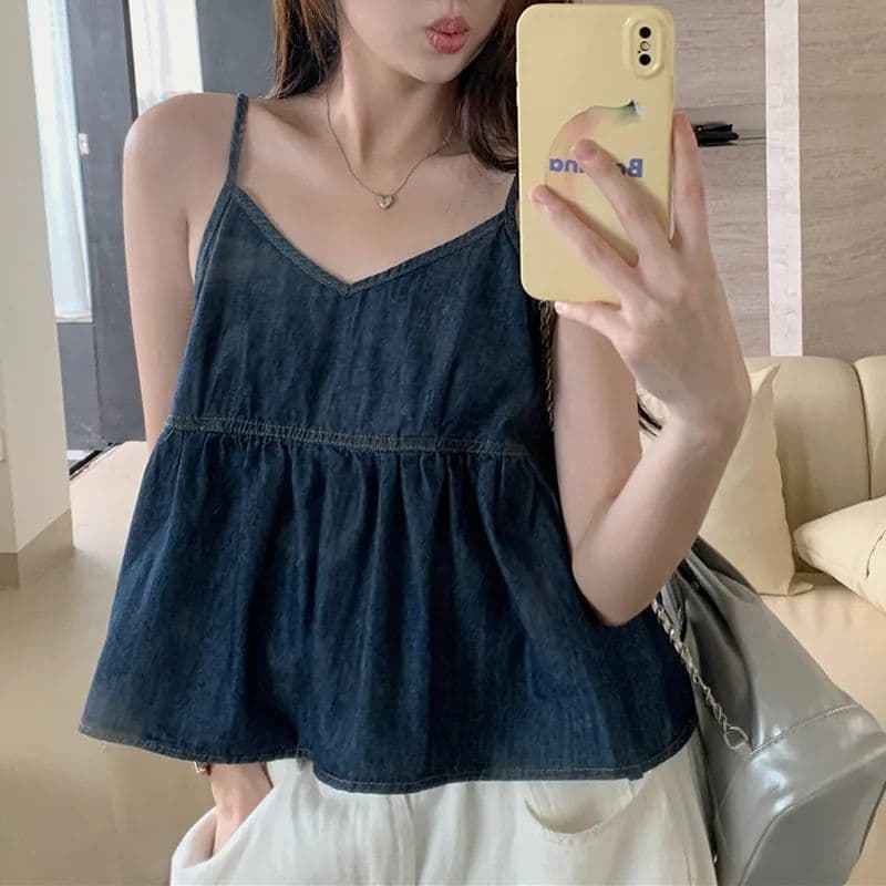 핫걸 데님 슬립 패션 품격 주름 디자인 프릴 루즈핏 V넥 인사이드 가져 가라. 민소매 조끼 맨위 여성 상세 이미지 1