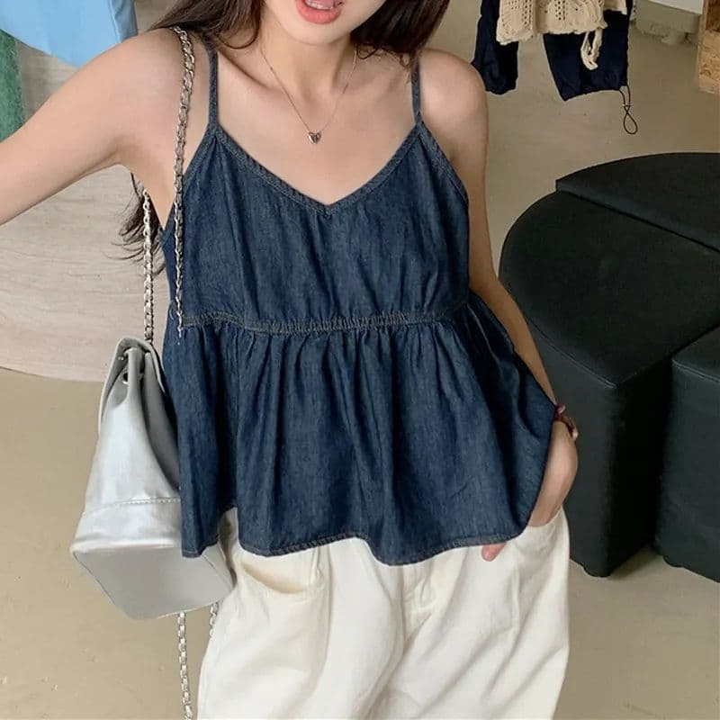 핫걸 데님 슬립 패션 품격 주름 디자인 프릴 루즈핏 V넥 인사이드 가져 가라. 민소매 조끼 맨위 여성 상세 이미지 3