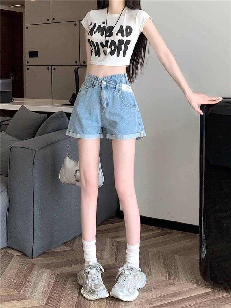 볼륨 측면 불규칙 한 마디 여름 다용도 하이웨이스트 루즈핏 스트레이트 ins 바람 얇은 스타일 비스듬한 버클 십자가 넓은 다리 뜨거운 바지 상세 이미지 16