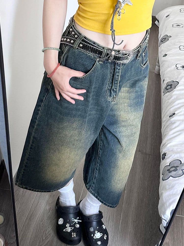 루즈핏 노스탤지어 블루 워싱 청바지 여성 여름 지방 mm 빅 사이즈 와이드 레그 팬츠 표지 고기 하이웨이스트 슬림해 보이는 7 점 바지 이미지 4