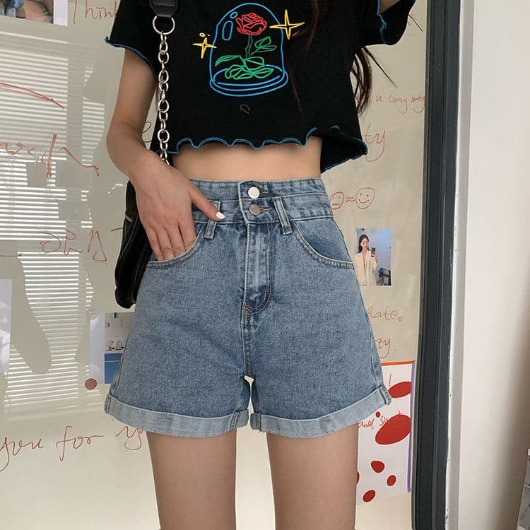 ins 바람 더블 버클 디자인 센스 한 마디 데님 반바지 여성 여름 새로운 루즈핏 스트레이트 슬림해 보이는 하이웨이스트 넓은 다리 핫 바지 이미지 2