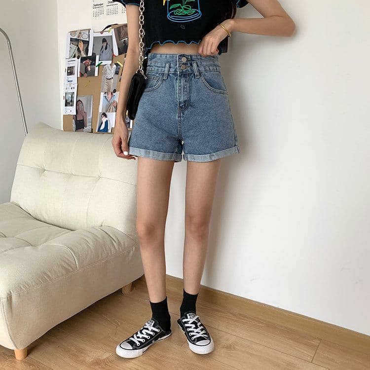 ins 바람 더블 버클 디자인 센스 한 마디 데님 반바지 여성 여름 새로운 루즈핏 스트레이트 슬림해 보이는 하이웨이스트 넓은 다리 핫 바지 상세 이미지 1