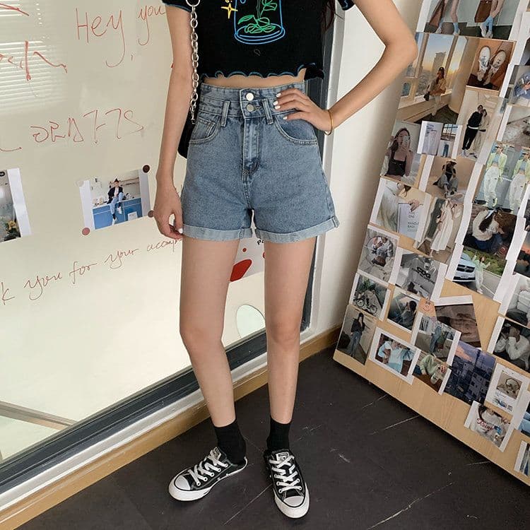 ins 바람 더블 버클 디자인 센스 한 마디 데님 반바지 여성 여름 새로운 루즈핏 스트레이트 슬림해 보이는 하이웨이스트 넓은 다리 핫 바지 상세 이미지 7