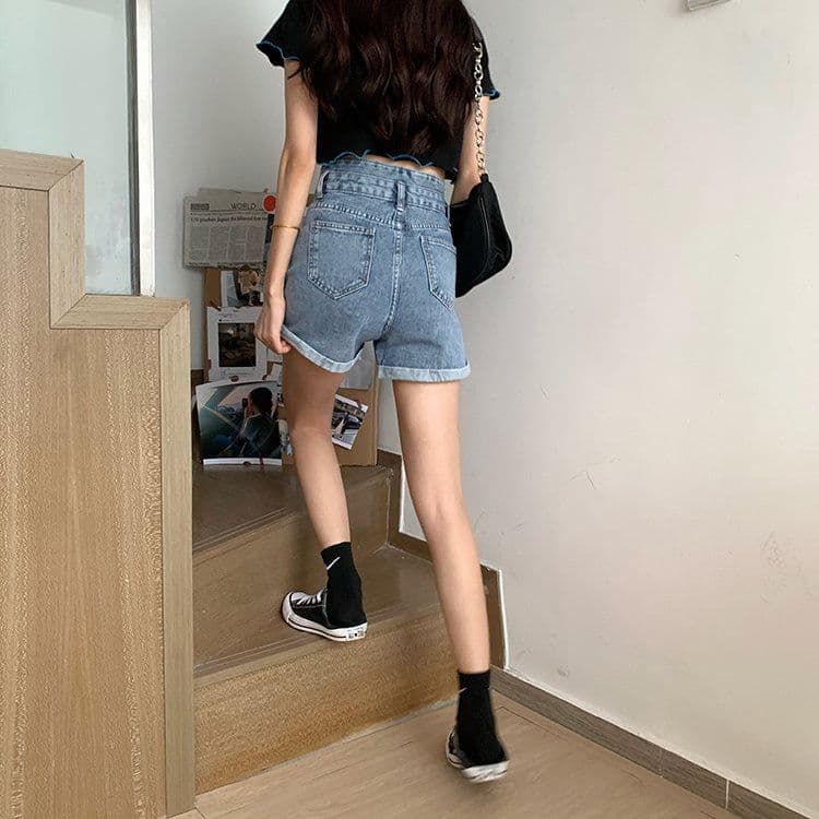 ins 바람 더블 버클 디자인 센스 한 마디 데님 반바지 여성 여름 새로운 루즈핏 스트레이트 슬림해 보이는 하이웨이스트 넓은 다리 핫 바지 상세 이미지 8
