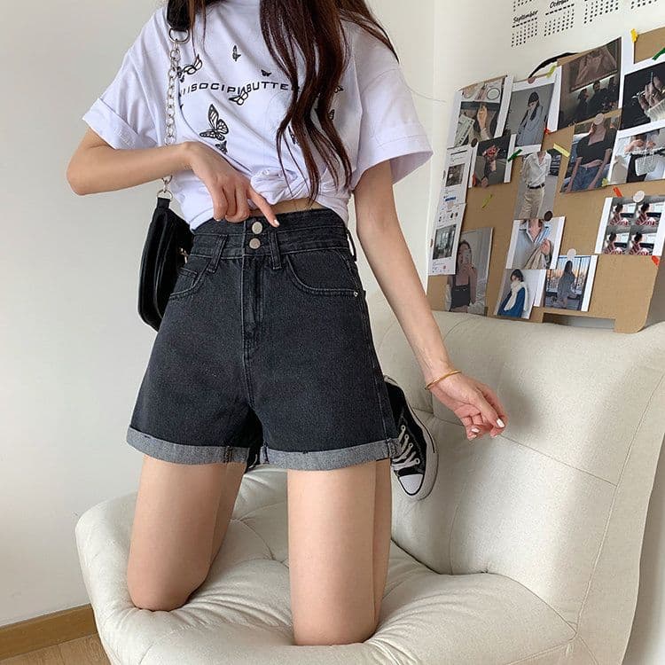 ins 바람 더블 버클 디자인 센스 한 마디 데님 반바지 여성 여름 새로운 루즈핏 스트레이트 슬림해 보이는 하이웨이스트 넓은 다리 핫 바지 상세 이미지 10