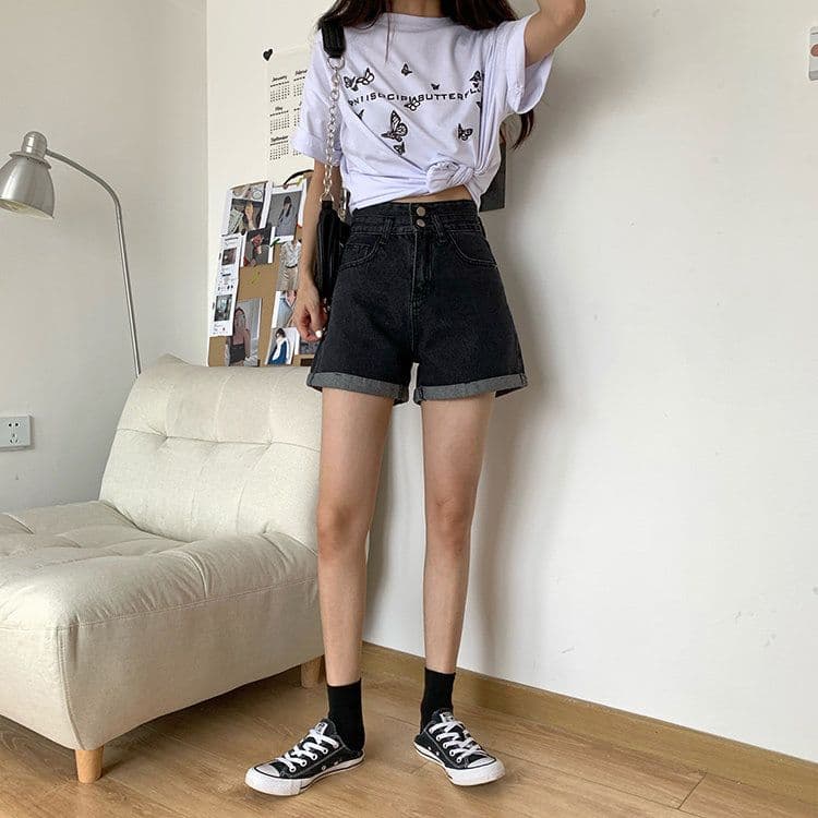ins 바람 더블 버클 디자인 센스 한 마디 데님 반바지 여성 여름 새로운 루즈핏 스트레이트 슬림해 보이는 하이웨이스트 넓은 다리 핫 바지 상세 이미지 11