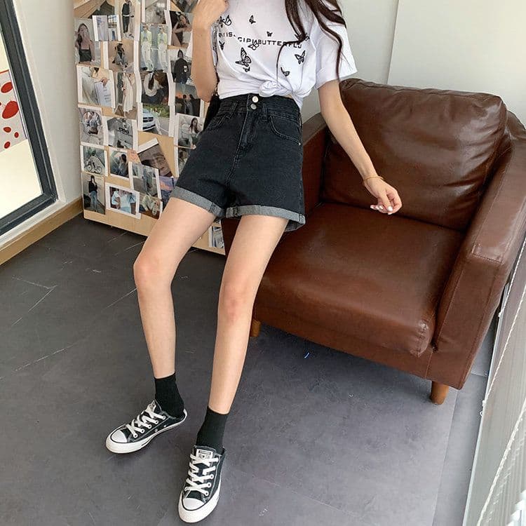 ins 바람 더블 버클 디자인 센스 한 마디 데님 반바지 여성 여름 새로운 루즈핏 스트레이트 슬림해 보이는 하이웨이스트 넓은 다리 핫 바지 상세 이미지 12