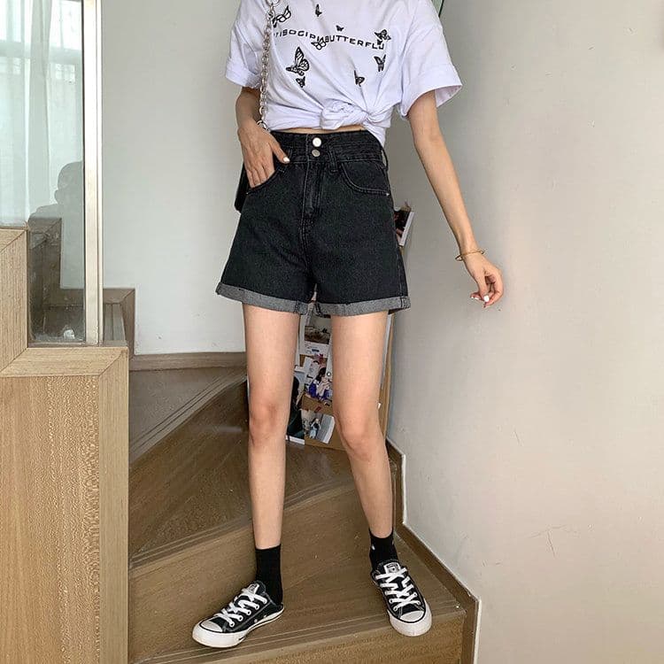 ins 바람 더블 버클 디자인 센스 한 마디 데님 반바지 여성 여름 새로운 루즈핏 스트레이트 슬림해 보이는 하이웨이스트 넓은 다리 핫 바지 상세 이미지 14