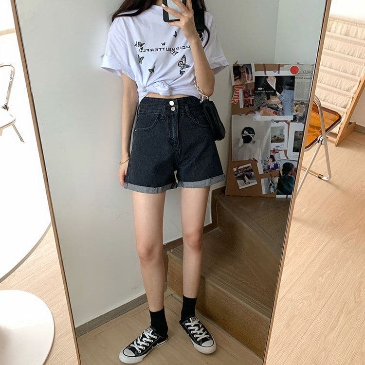 ins 바람 더블 버클 디자인 센스 한 마디 데님 반바지 여성 여름 새로운 루즈핏 스트레이트 슬림해 보이는 하이웨이스트 넓은 다리 핫 바지 상세 이미지 18