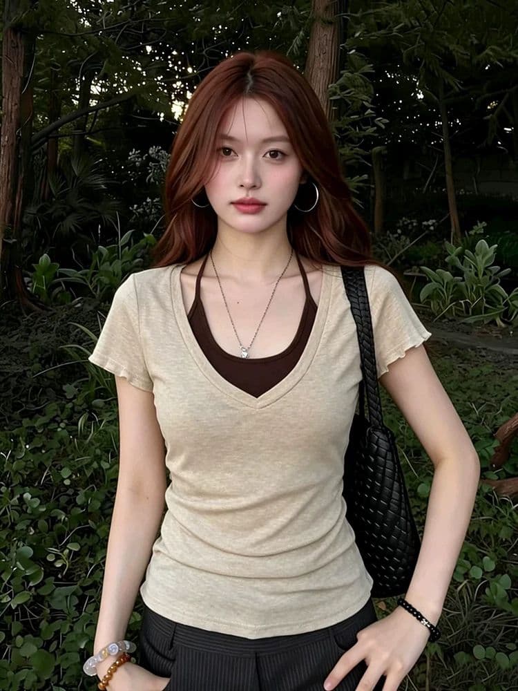 페이크 레이어드 V넥 행침 목 슬립 반팔 티셔츠 여성 여름 허리 수축 슬림해 보이는 작은 대중 몸매 가꾸기 긍정적 인 어깨 의류 이미지 4