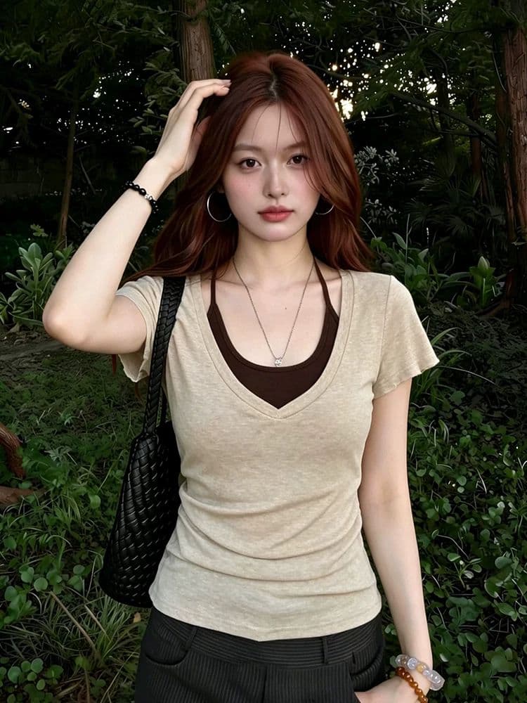 페이크 레이어드 V넥 행침 목 슬립 반팔 티셔츠 여성 여름 허리 수축 슬림해 보이는 작은 대중 몸매 가꾸기 긍정적 인 어깨 의류 이미지 2