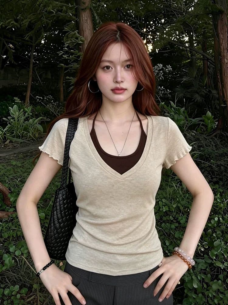 페이크 레이어드 V넥 행침 목 슬립 반팔 티셔츠 여성 여름 허리 수축 슬림해 보이는 작은 대중 몸매 가꾸기 긍정적 인 어깨 의류 이미지 3