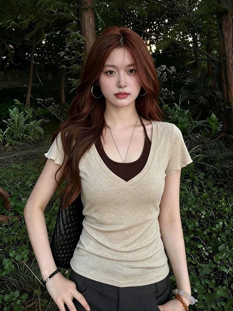 페이크 레이어드 V넥 행침 목 슬립 반팔 티셔츠 여성 여름 허리 수축 슬림해 보이는 작은 대중 몸매 가꾸기 긍정적 인 어깨 의류 상세 이미지 1