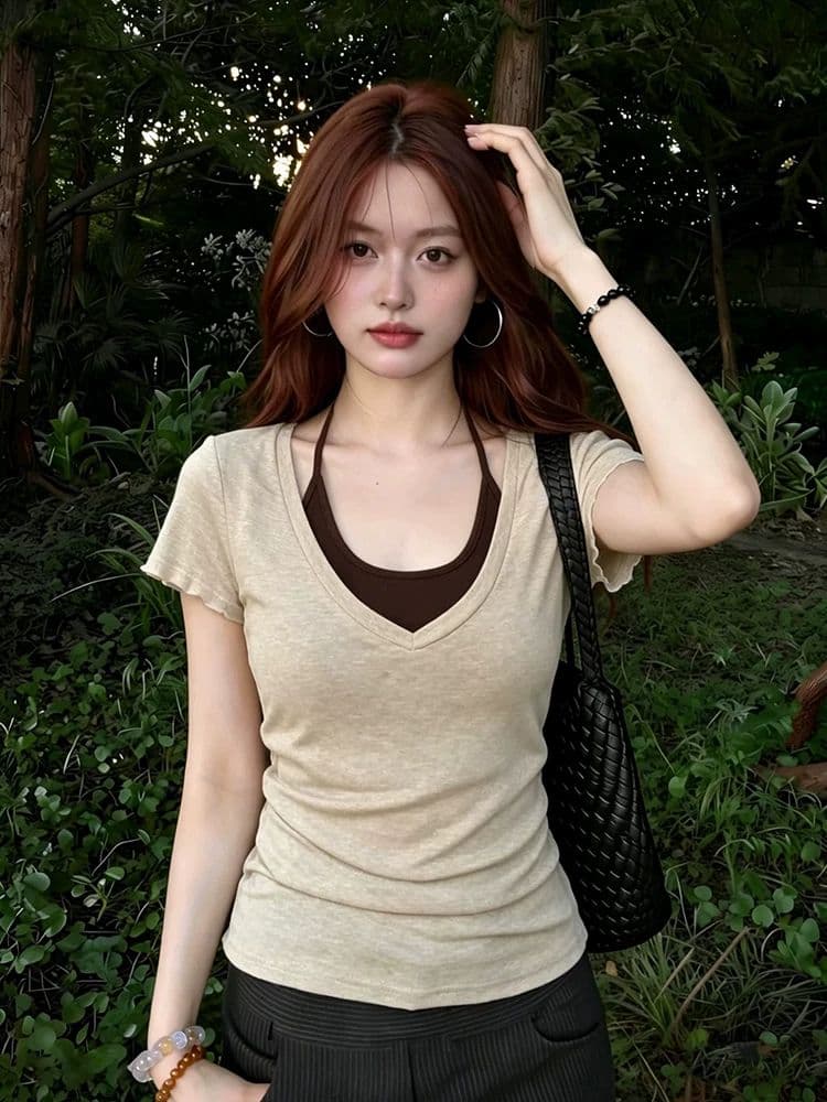 페이크 레이어드 V넥 행침 목 슬립 반팔 티셔츠 여성 여름 허리 수축 슬림해 보이는 작은 대중 몸매 가꾸기 긍정적 인 어깨 의류 상세 이미지 5