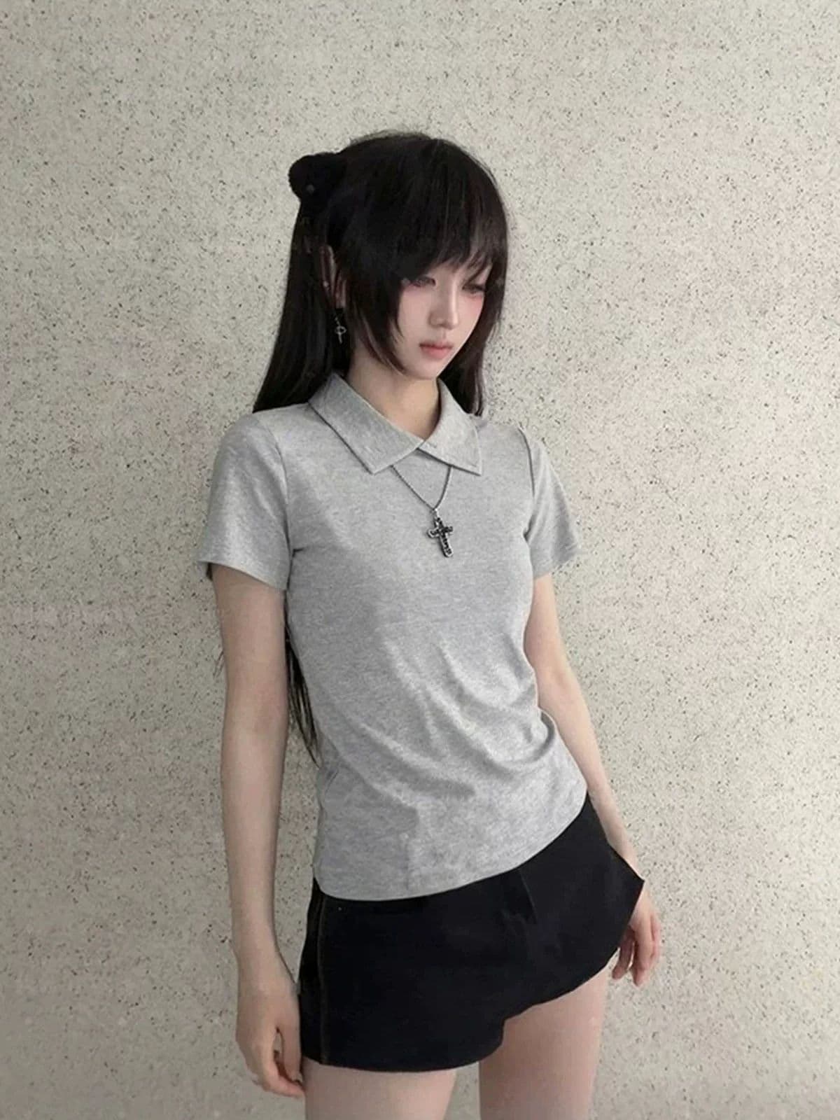 아메리칸 레트로 POLO 칼라 반팔 티셔츠 여자 폭발 작은 대중 고급 센스 단색 긍정적 인 어깨 의류 상세 이미지 4