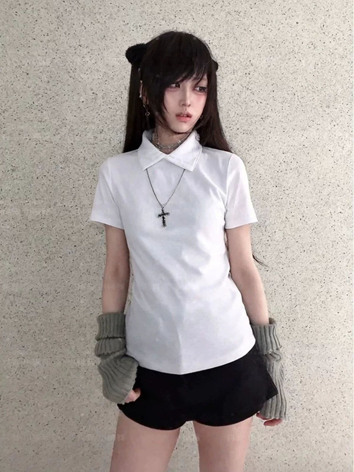 아메리칸 레트로 POLO 칼라 반팔 티셔츠 여자 폭발 작은 대중 고급 센스 단색 긍정적 인 어깨 의류 상세 이미지 5