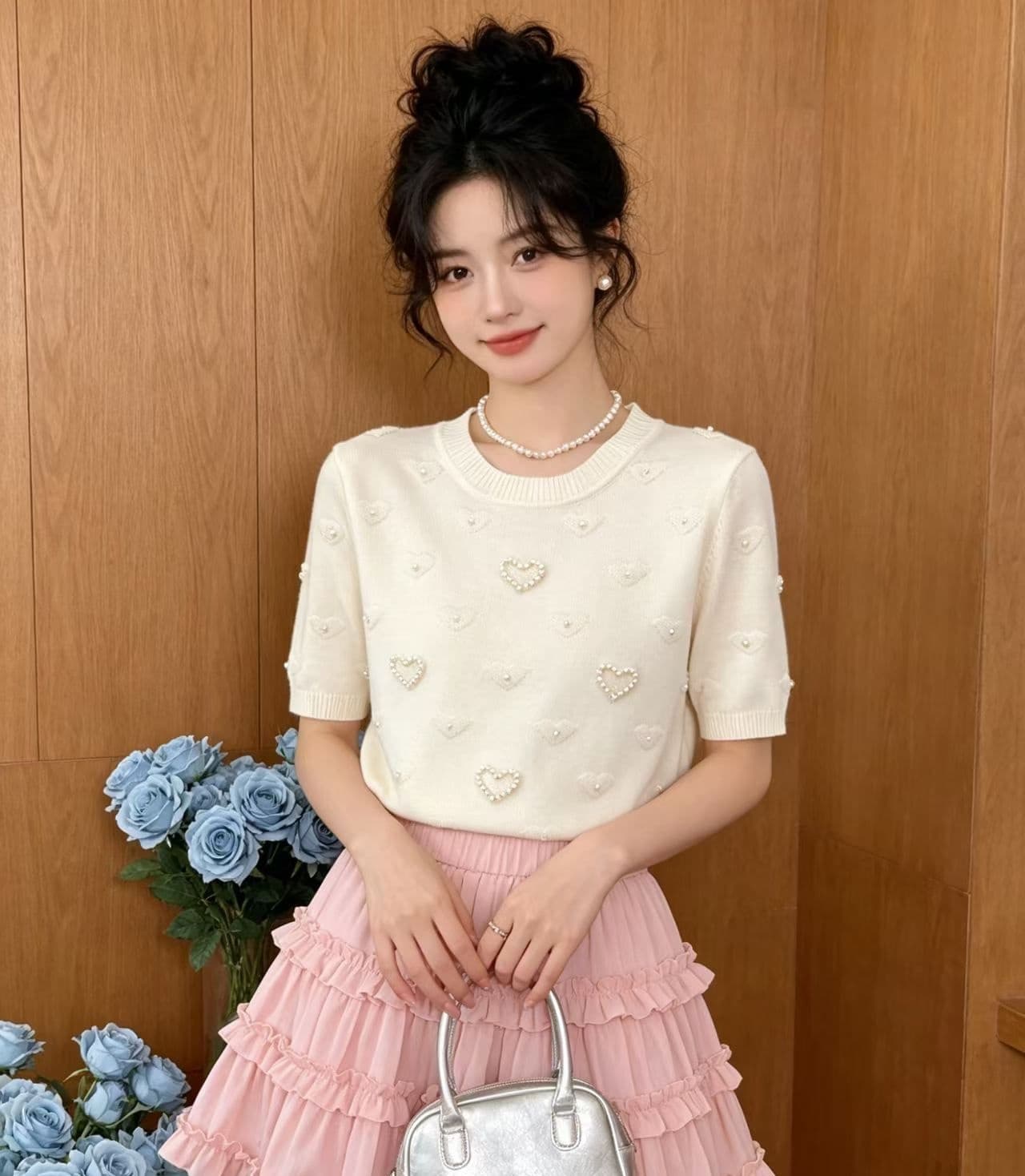 2026 외국 가스 연령 감소 라운드 넥 하트 자카드 비즈 박기 풀오버 반팔 이미지 4