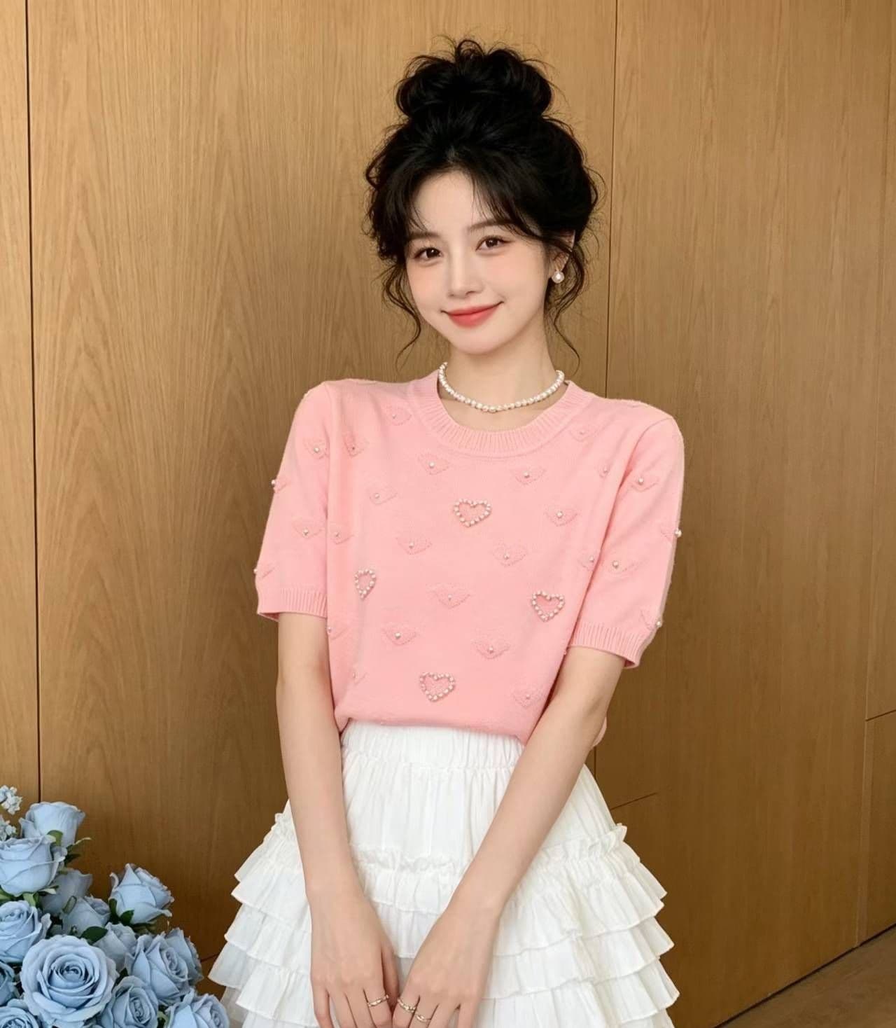 2026 외국 가스 연령 감소 라운드 넥 하트 자카드 비즈 박기 풀오버 반팔 상세 이미지 1