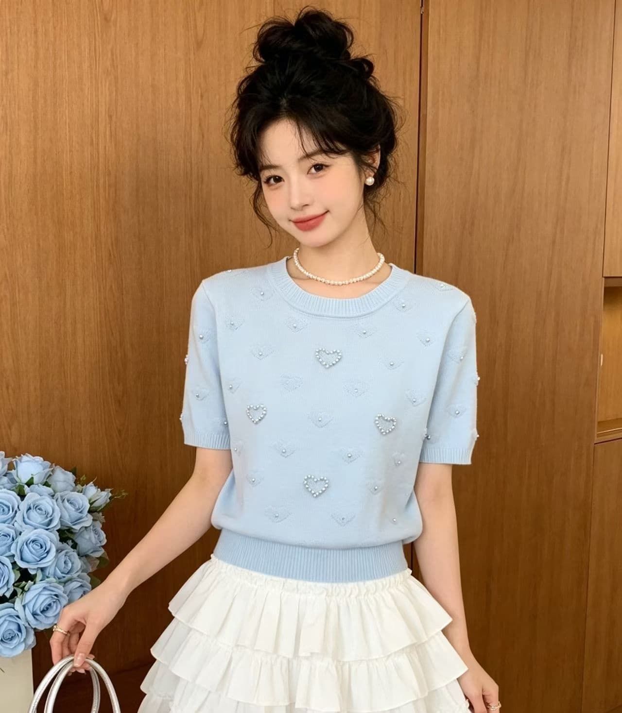 2026 외국 가스 연령 감소 라운드 넥 하트 자카드 비즈 박기 풀오버 반팔 상세 이미지 5