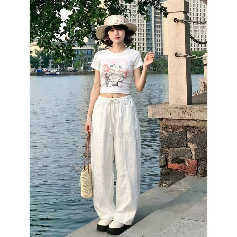 한 부서 달콤한 자매 캐주얼 스포츠 슈트 여성 여름 귀여운 만화 고양이 몸매 가꾸기 반팔 와이드 레그 팬츠 투피스 세트 트렌디 이미지 2