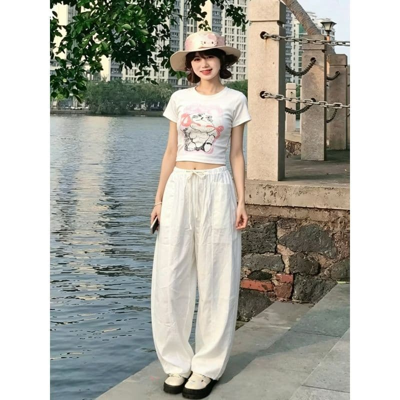 한 부서 달콤한 자매 캐주얼 스포츠 슈트 여성 여름 귀여운 만화 고양이 몸매 가꾸기 반팔 와이드 레그 팬츠 투피스 세트 트렌디 이미지 4