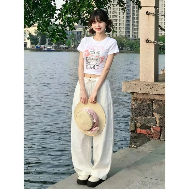 한 부서 달콤한 자매 캐주얼 스포츠 슈트 여성 여름 귀여운 만화 고양이 몸매 가꾸기 반팔 와이드 레그 팬츠 투피스 세트 트렌디 이미지 5