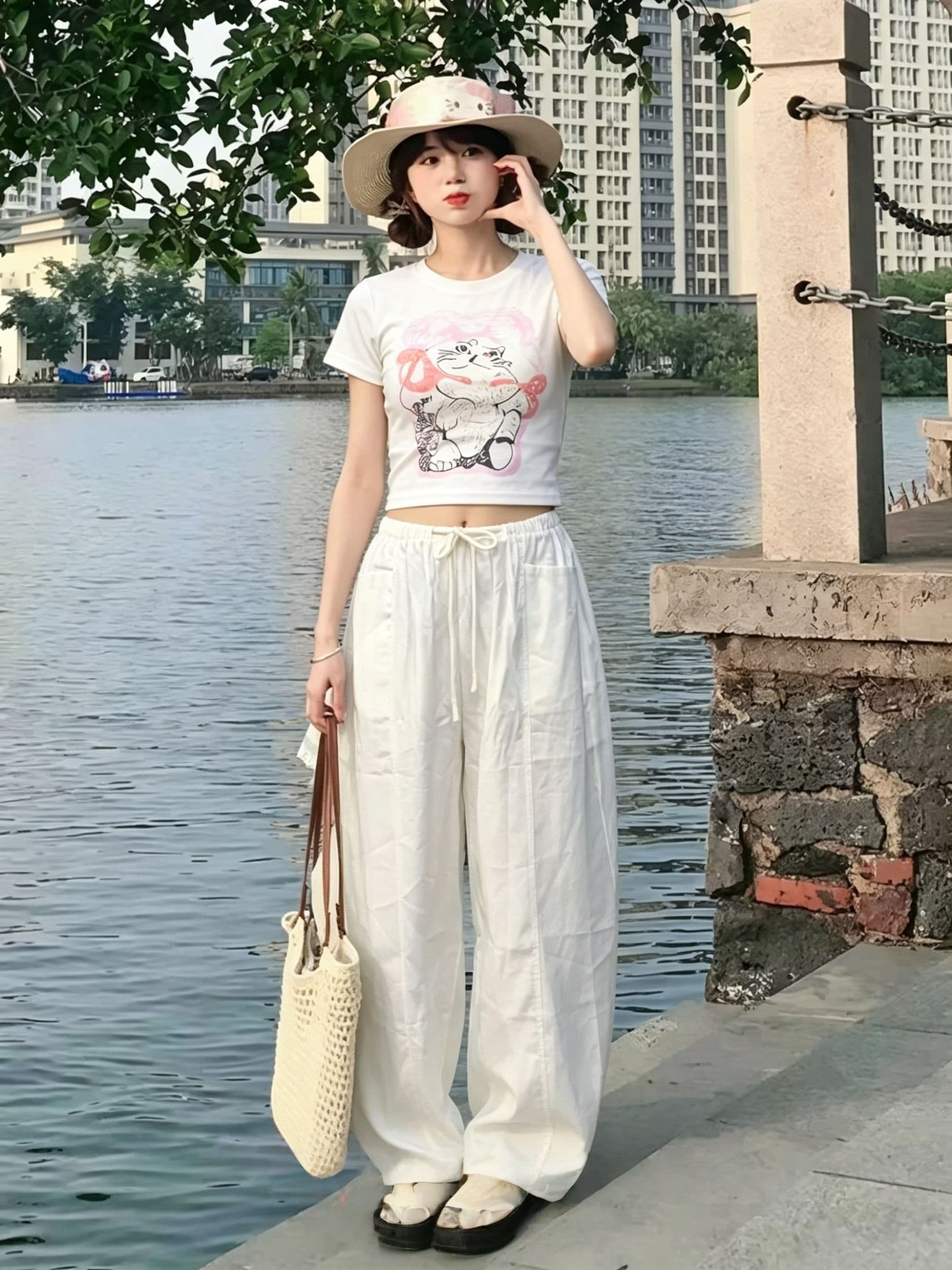 한 부서 달콤한 자매 캐주얼 스포츠 슈트 여성 여름 귀여운 만화 고양이 몸매 가꾸기 반팔 와이드 레그 팬츠 투피스 세트 트렌디 상세 이미지 1