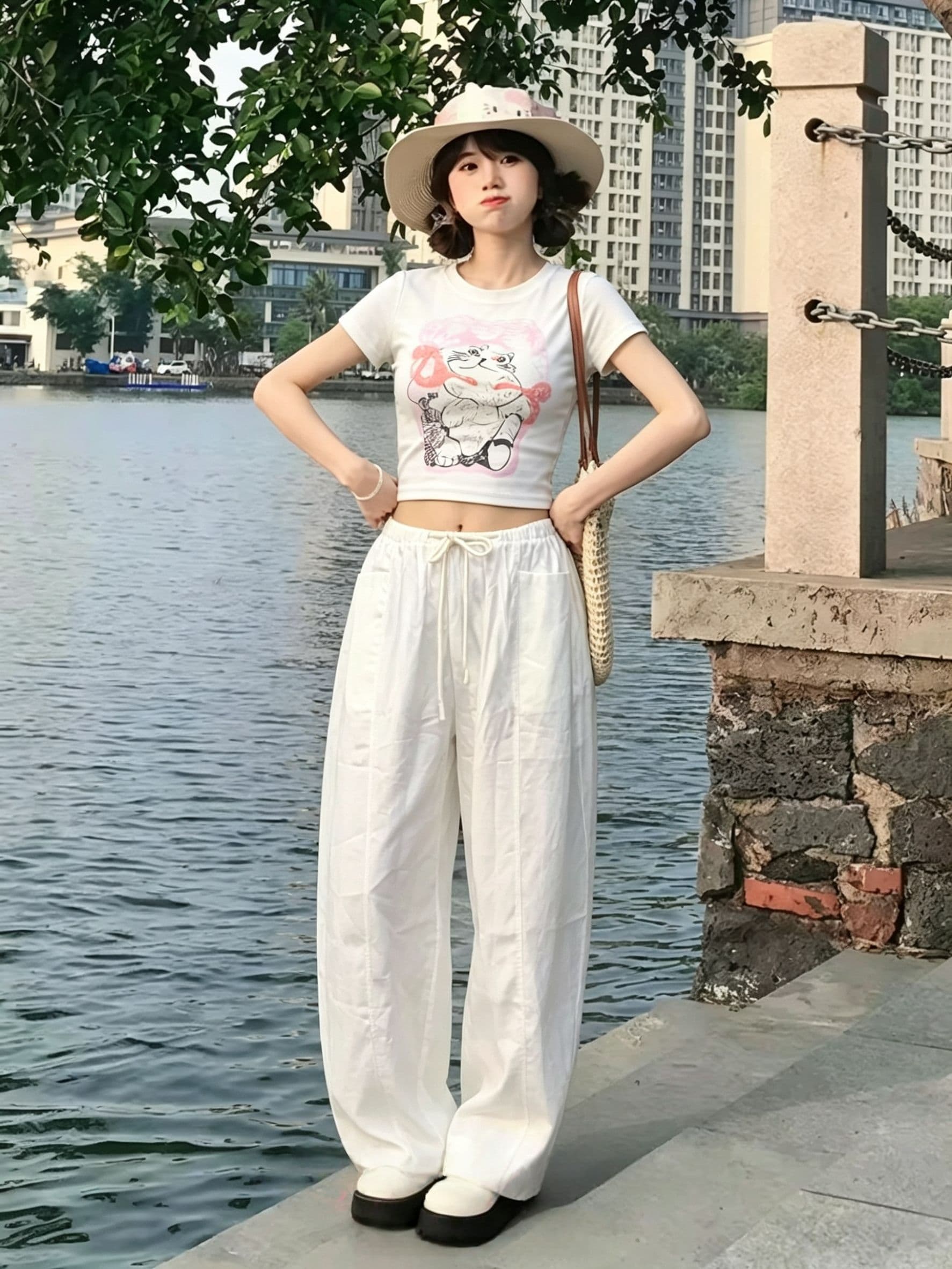 한 부서 달콤한 자매 캐주얼 스포츠 슈트 여성 여름 귀여운 만화 고양이 몸매 가꾸기 반팔 와이드 레그 팬츠 투피스 세트 트렌디 상세 이미지 2