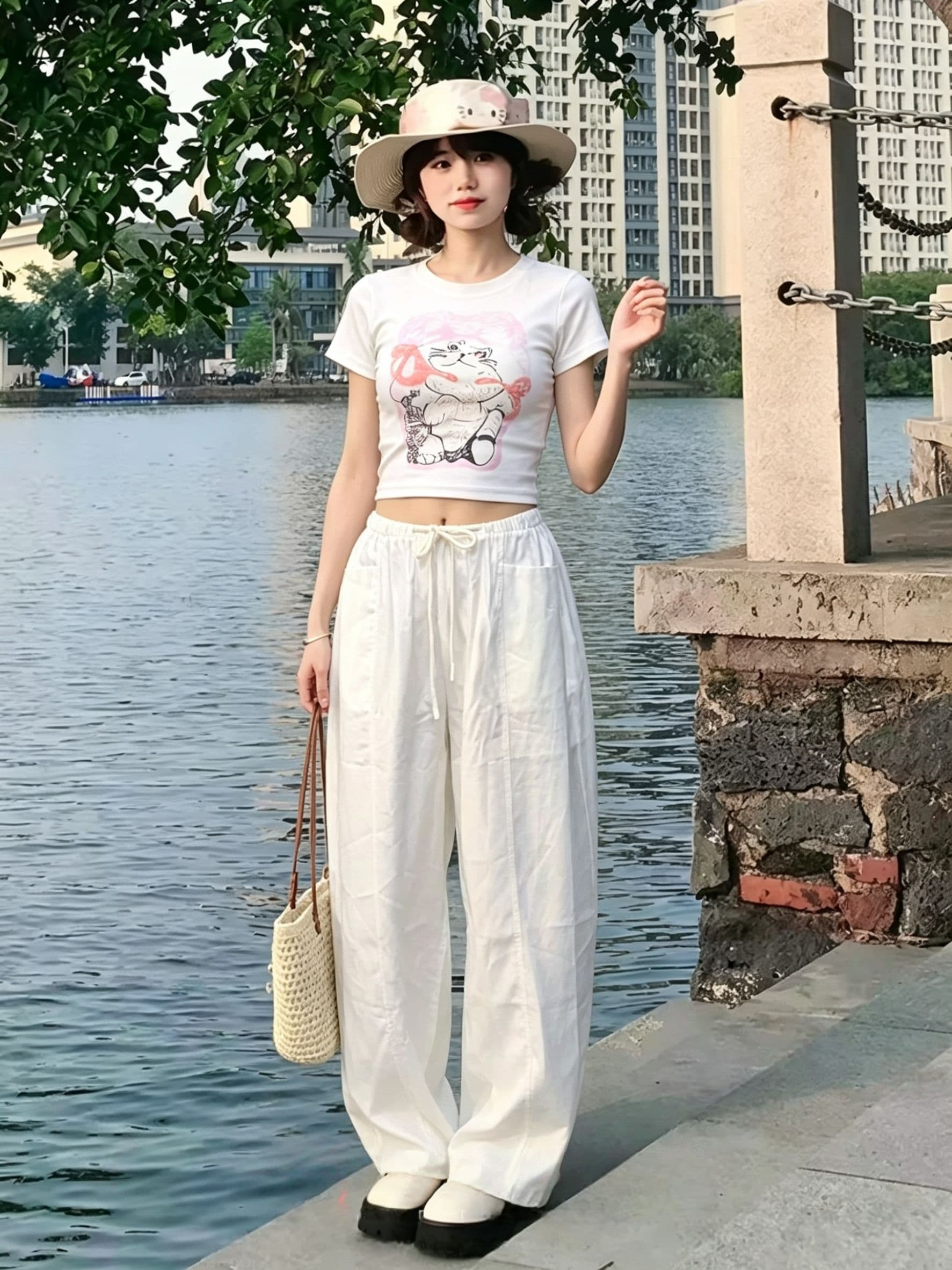 한 부서 달콤한 자매 캐주얼 스포츠 슈트 여성 여름 귀여운 만화 고양이 몸매 가꾸기 반팔 와이드 레그 팬츠 투피스 세트 트렌디 상세 이미지 3