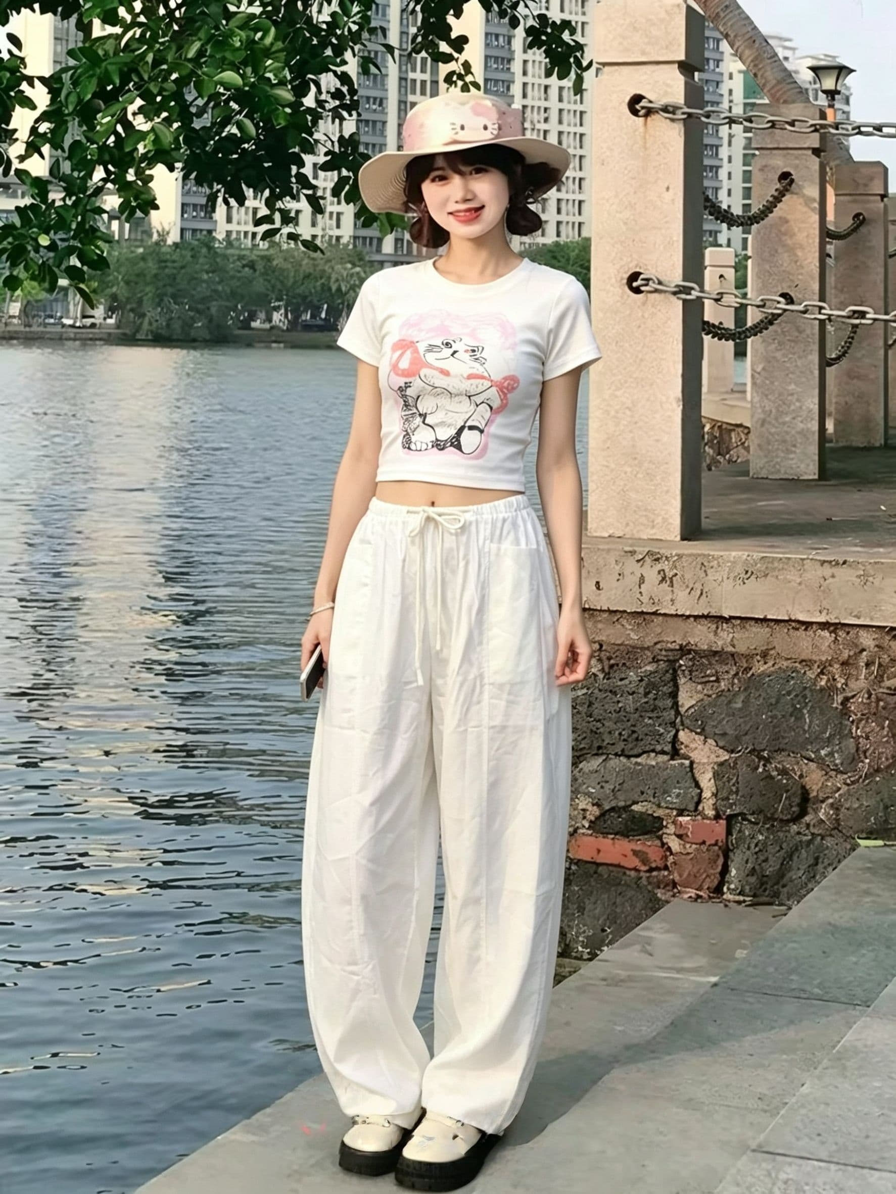한 부서 달콤한 자매 캐주얼 스포츠 슈트 여성 여름 귀여운 만화 고양이 몸매 가꾸기 반팔 와이드 레그 팬츠 투피스 세트 트렌디 상세 이미지 4