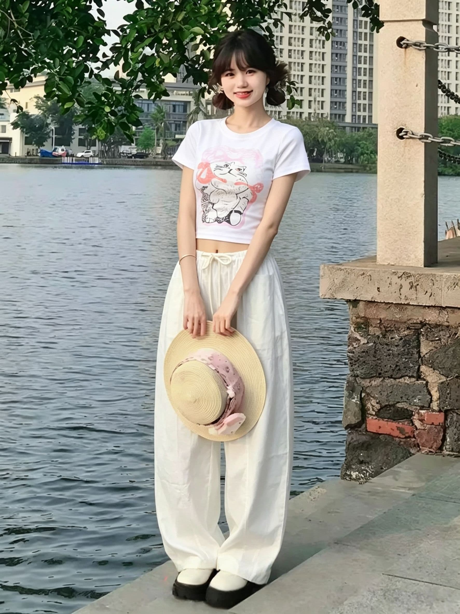 한 부서 달콤한 자매 캐주얼 스포츠 슈트 여성 여름 귀여운 만화 고양이 몸매 가꾸기 반팔 와이드 레그 팬츠 투피스 세트 트렌디 상세 이미지 5