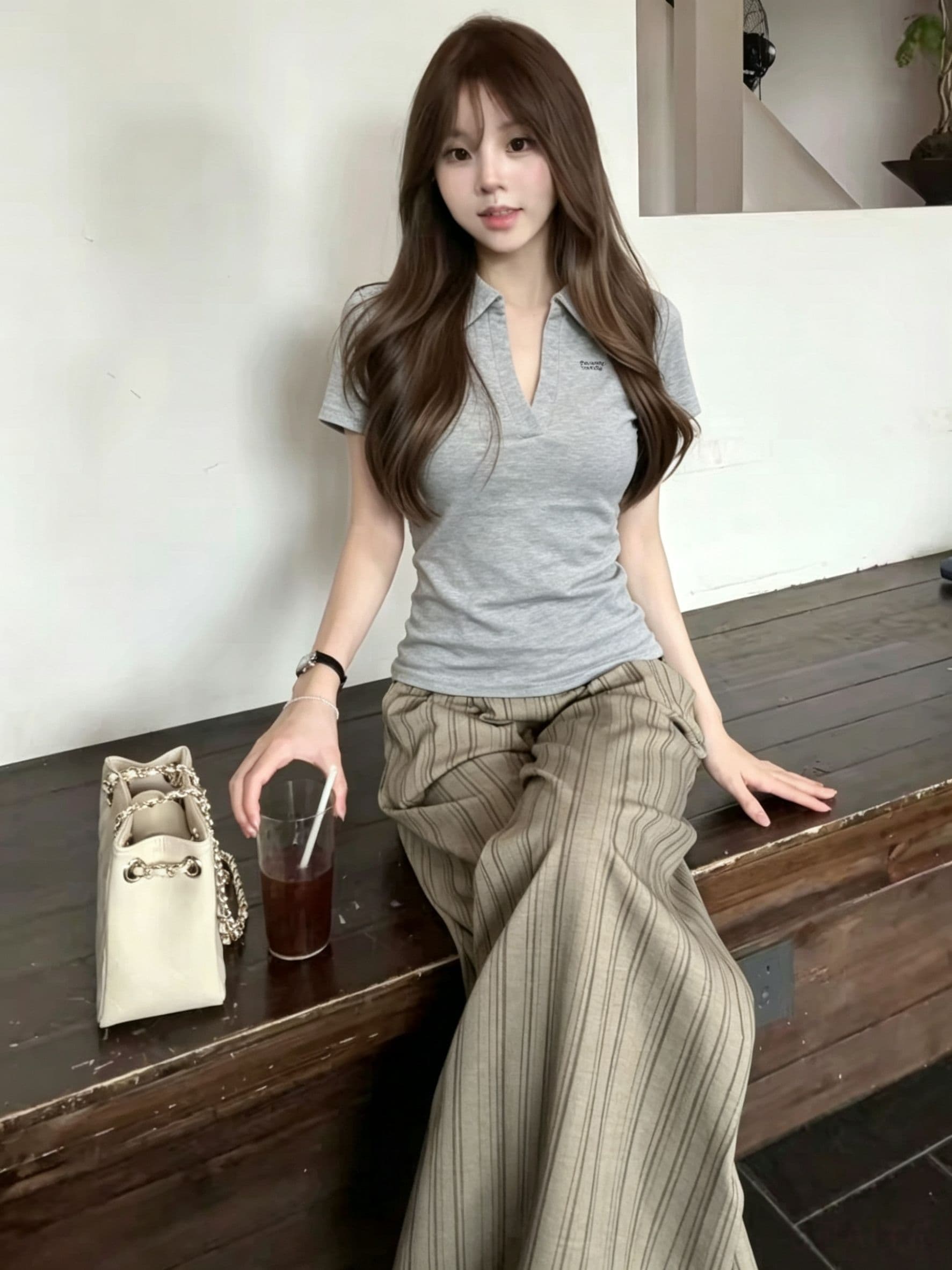 전체 집합 ootd 착용 가져 가라. 세트 여성 한 부서 캐주얼 느긋한 바람 POLO 칼라 반팔 티셔츠 와이드 레그 팬츠 투피스 세트 상세 이미지 4